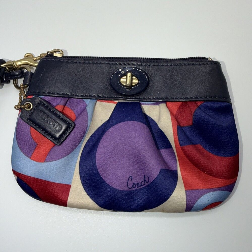 Coach Vintage Graphic Resort Op Art Multicolored Satin Leather Trim Wristlet